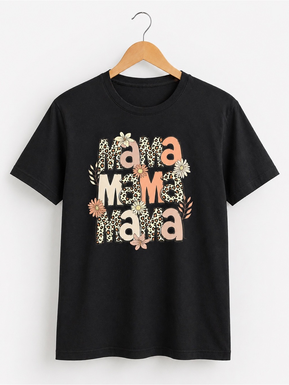 Mama Graphic Tee - Black with Peach, Cream & Leopard Print